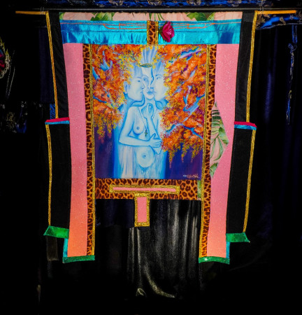 Love Triangle of the 3 tree Nymphs Acrylic painting 1ft 7in by 2ft within a tapestry extending it to 3ft 1in by 3ft 7in